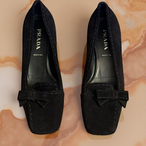 Vintage Prada Black Suede Kitten Heel Bow Detail Slip On Loafer Size 37 US 7 - Picture 7 of 13